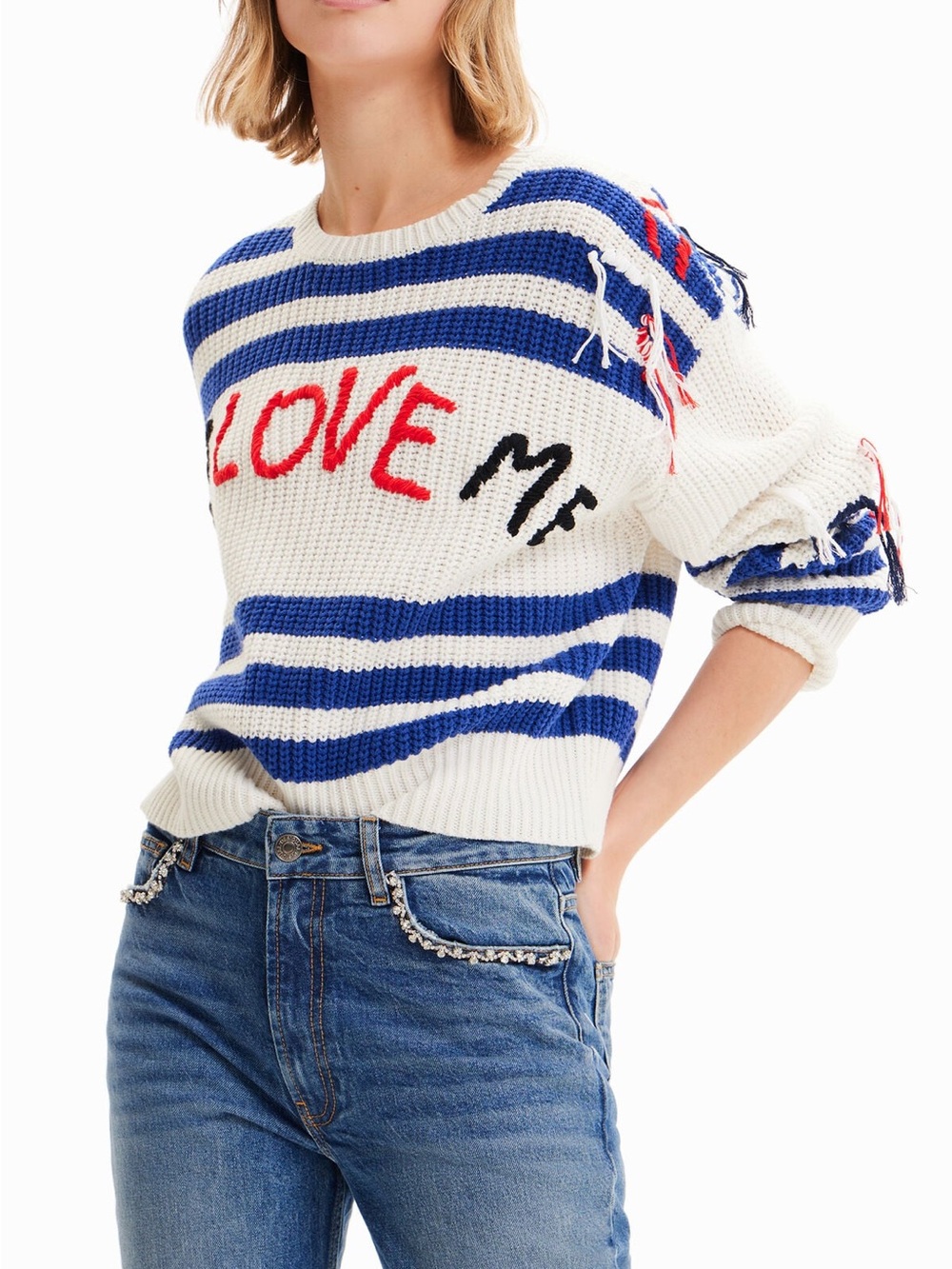 DESIGUAL long sleeved knit sweater with embroidered “i love me” size large.